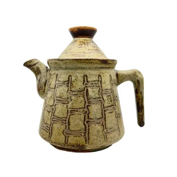 Art Studio Pottery Teapot Earthy Green And Brown Glaze Unique Handle Stoneware - Picture 2 of 7